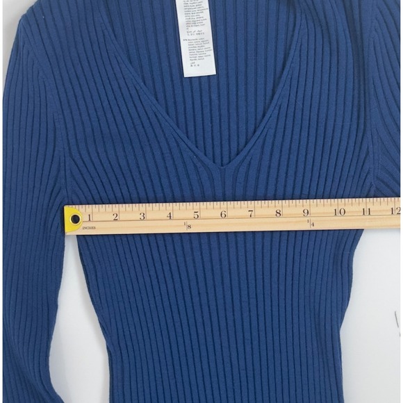 Wolford Blue Virgin Wool-Cotton Ribbed V-Neck Dress • Elegant Bodycon Knit -‎ M - Picture 3 of 6
